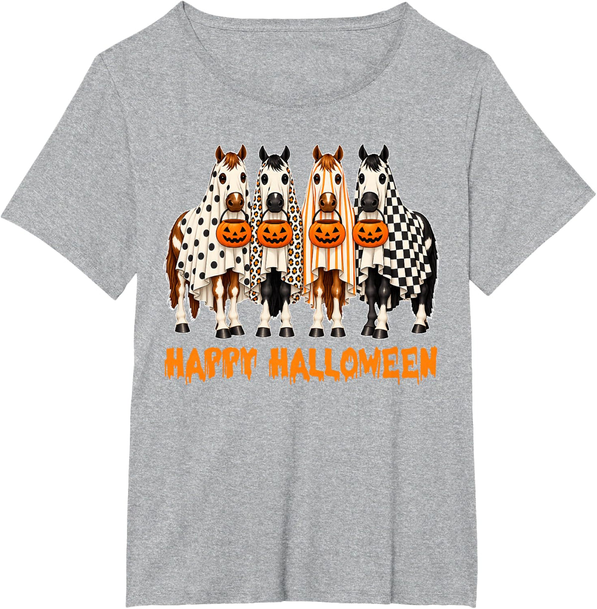 Happy Halloween Horse Ghost Pumpkin Halloween T-Shirt - Heather Grey