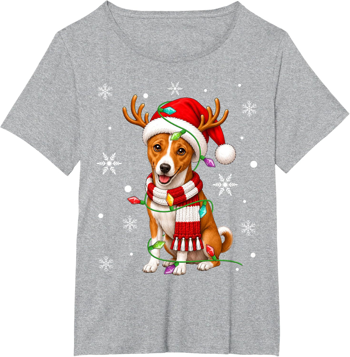 Basenji Dog Christmas Lights Santa Hat Scarf Xmas T-Shirt - Heather Grey