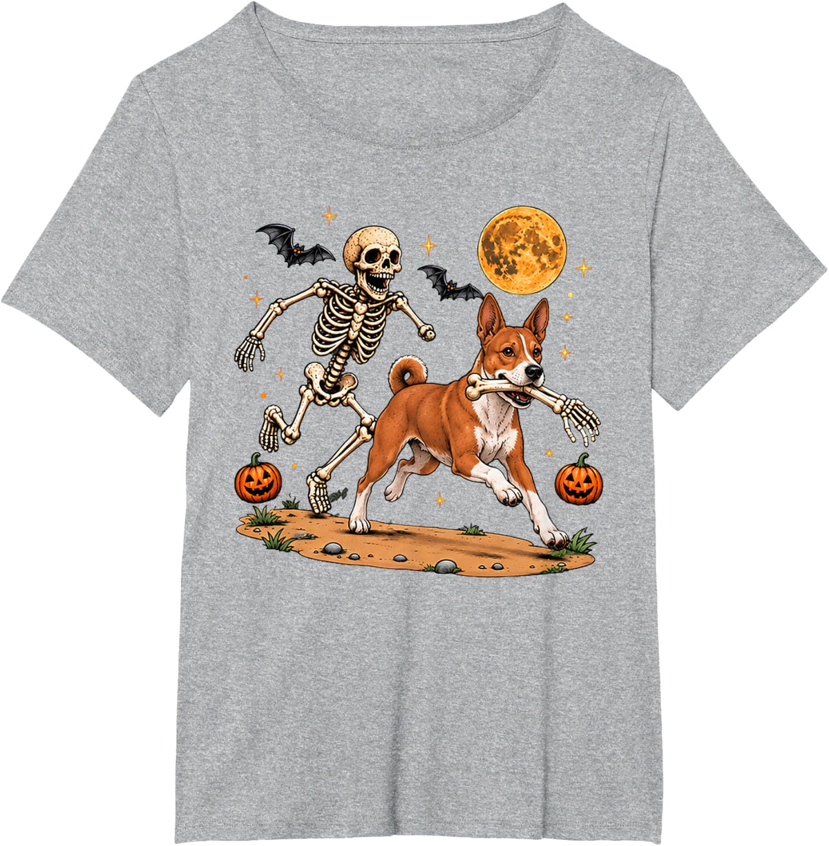 Funny Skeleton Chasing Basenji Halloween Dog Mom Pet Lover T-Shirt - Heather Grey