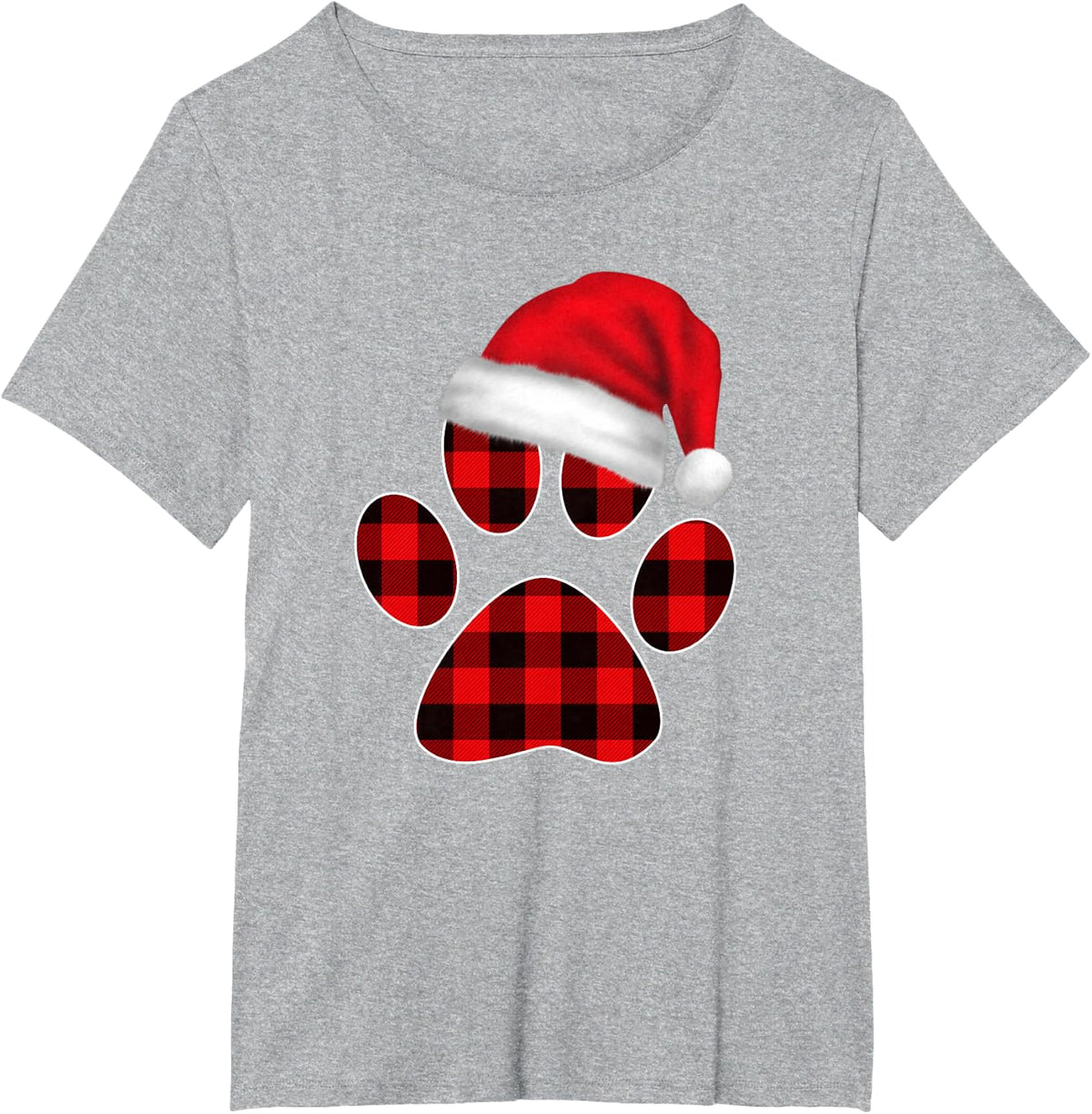 Cute Christmas Pajama Shirt Women Girls Plaid Paw Santa Hat Tee T-Shirt - Heather Grey