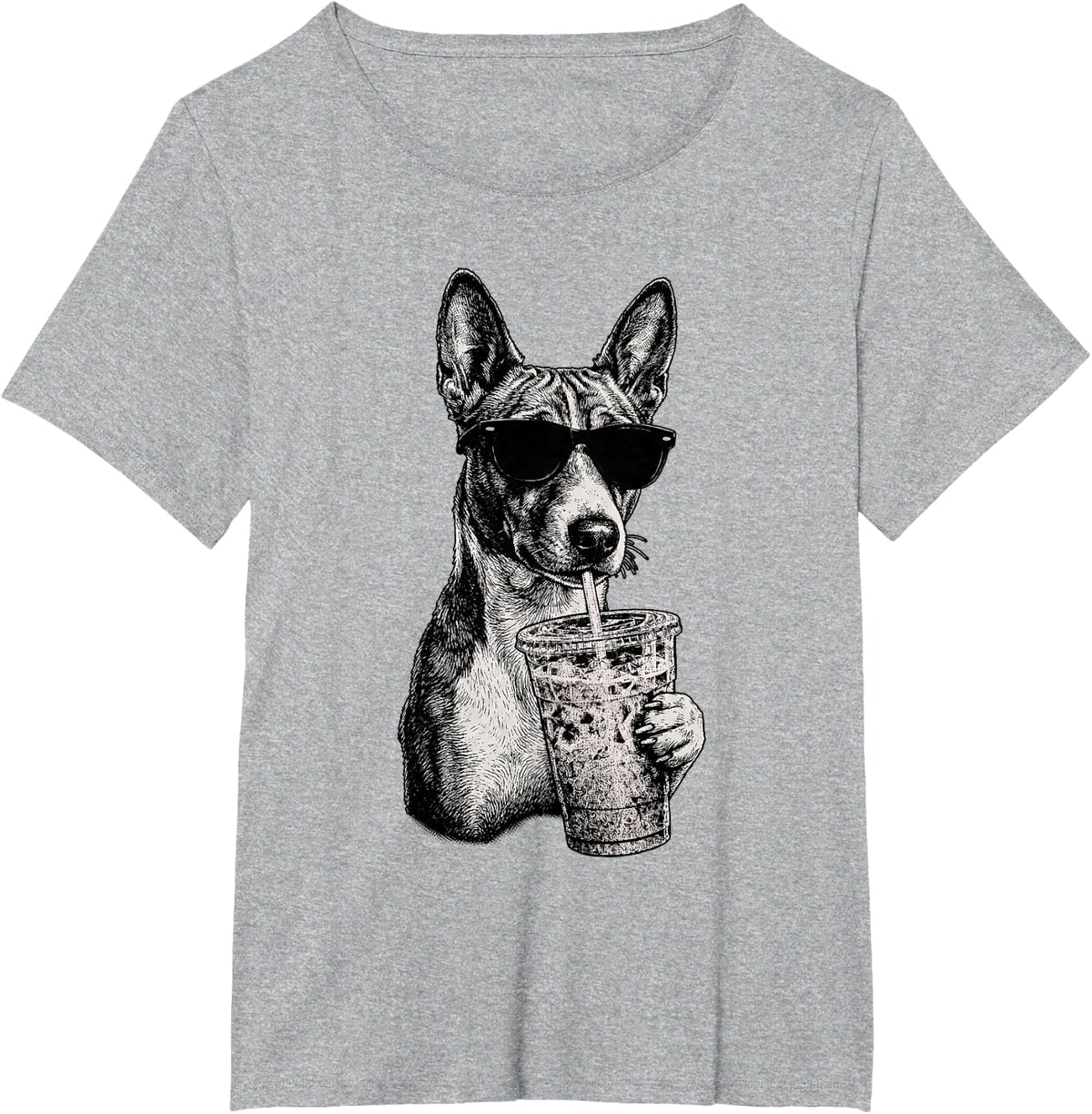 Funny Basenji Drinking Iced Coffee Humor T-Shirt - Heather Grey