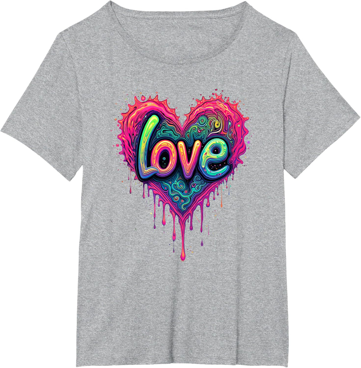 Psychedelic, Trippy, Black Light Heart Love Illustration T-Shirt - Heather Grey