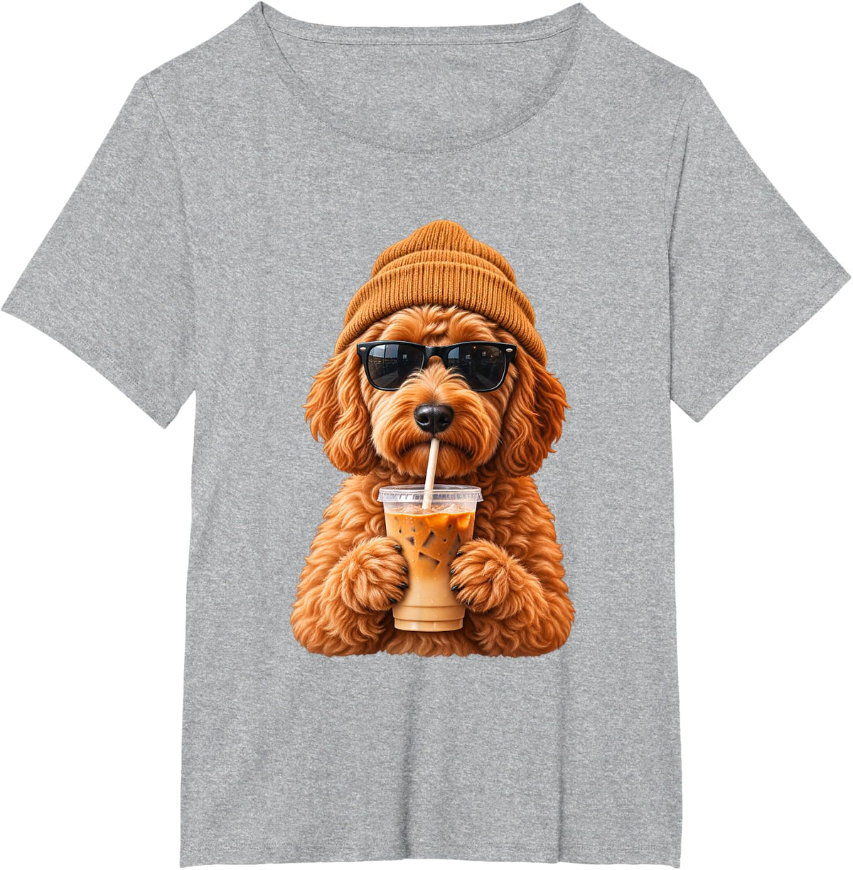 Goldendoodle Dog Beanie Hat Drinking Iced Coffee Sunglasses T-Shirt - Heather Grey