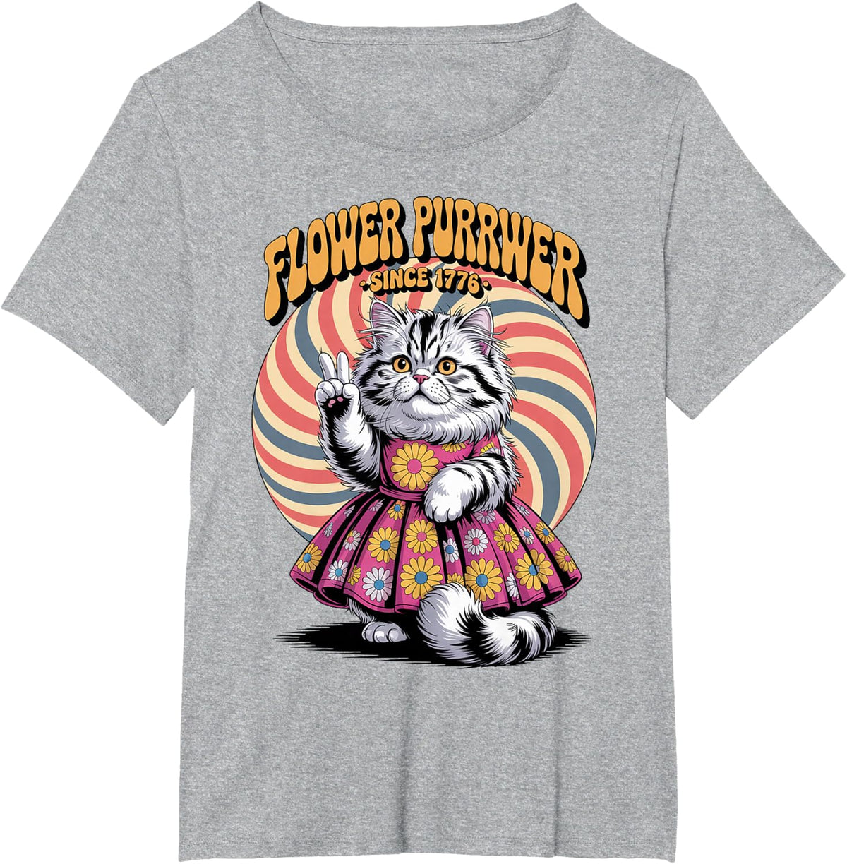 Flower Purrwer - USA Peace Cat with 1776 - Retro Groovy Art T-Shirt - Heather Grey