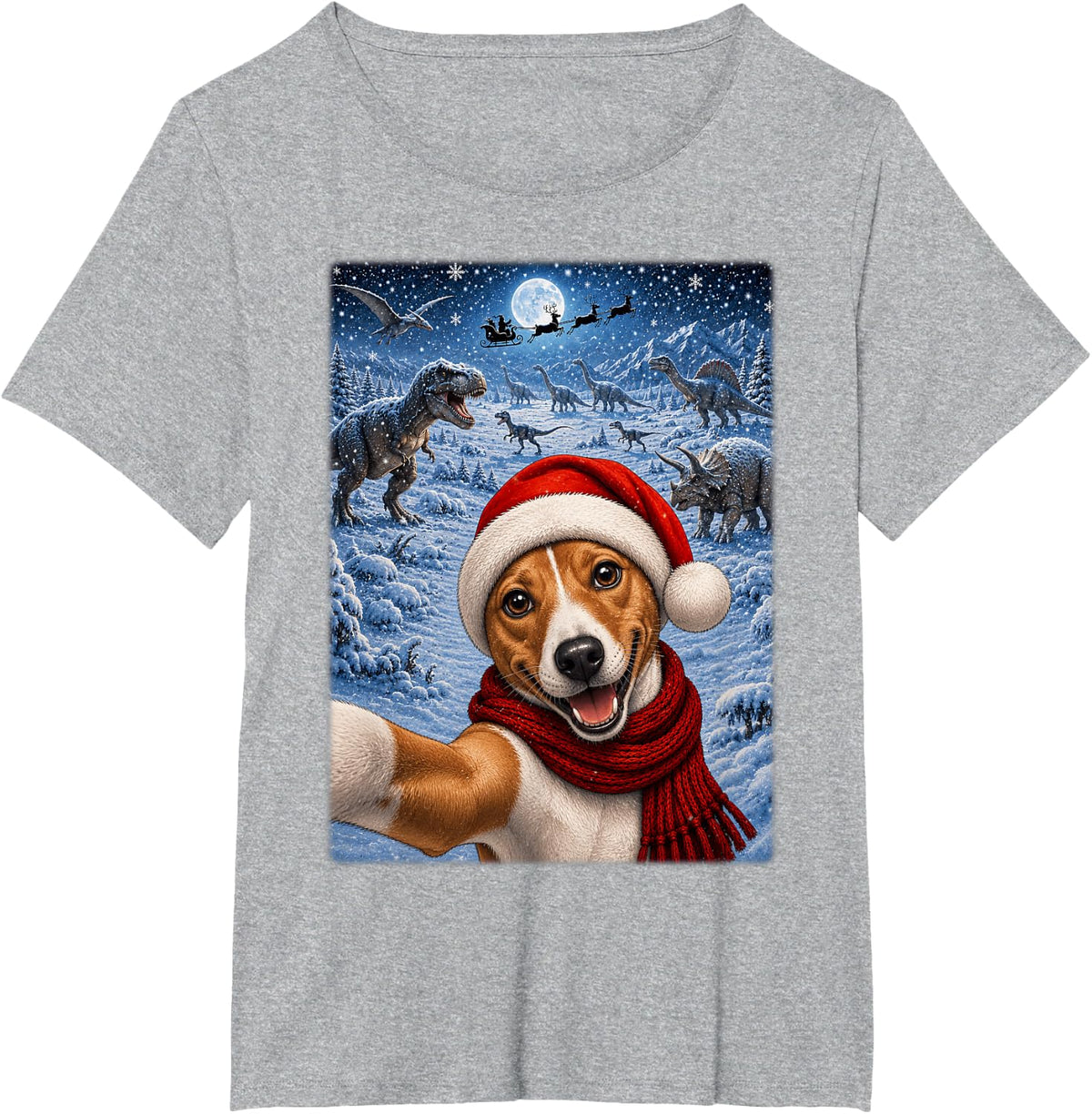 Basenji Dog Christmas Moon Night Starry Dinosaurs Xmas T-Shirt - Heather Grey