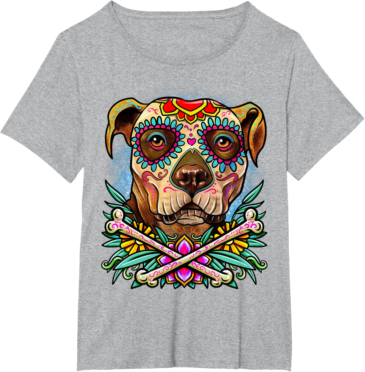 Pitbull Dog Day of the Dead La Catrina Sugar Skull Dog Mama T-Shirt Tee - Heather Grey