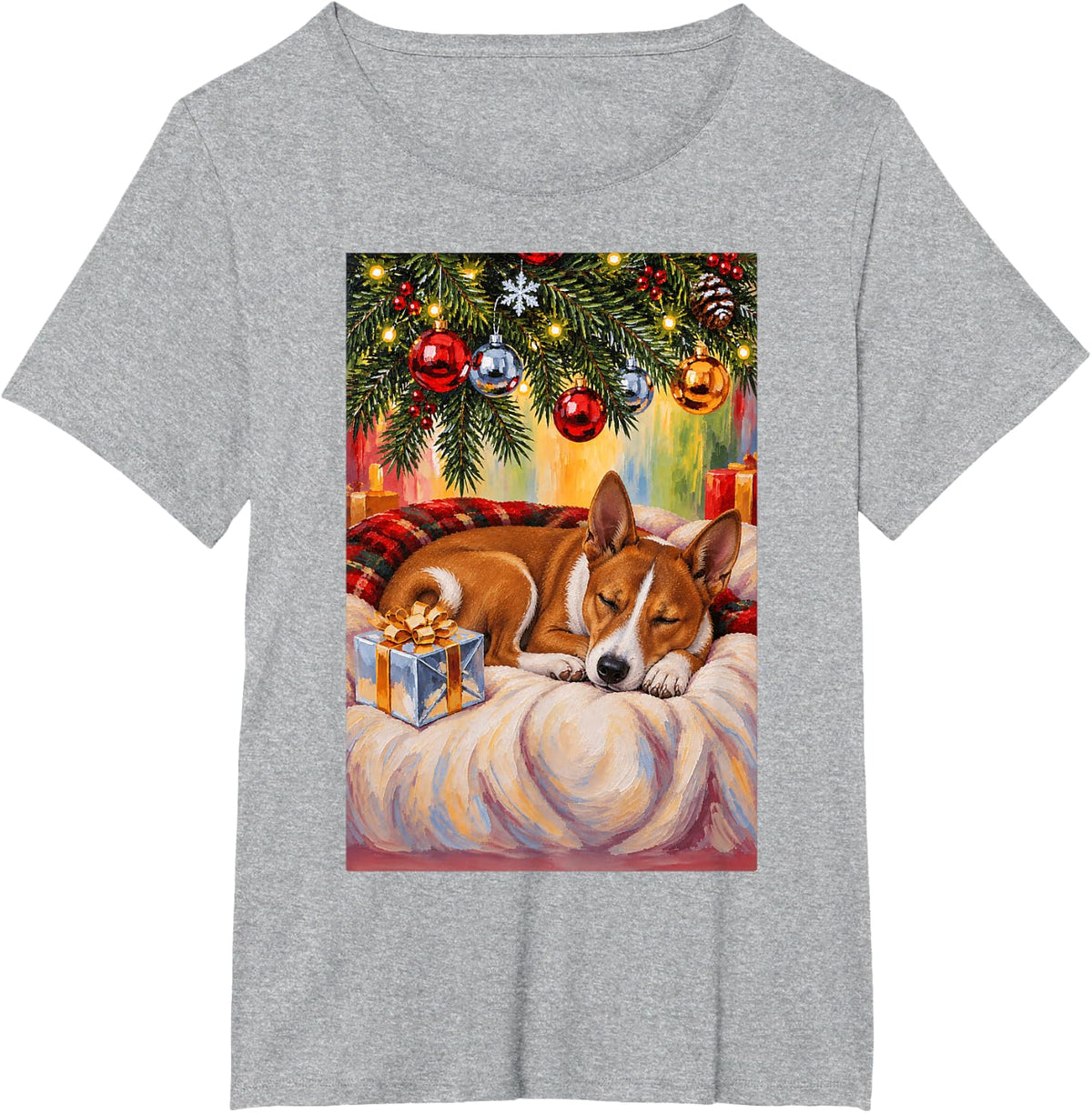 Funny Basenji Dog Sleeping Christmas Tree T-Shirt - Heather Grey