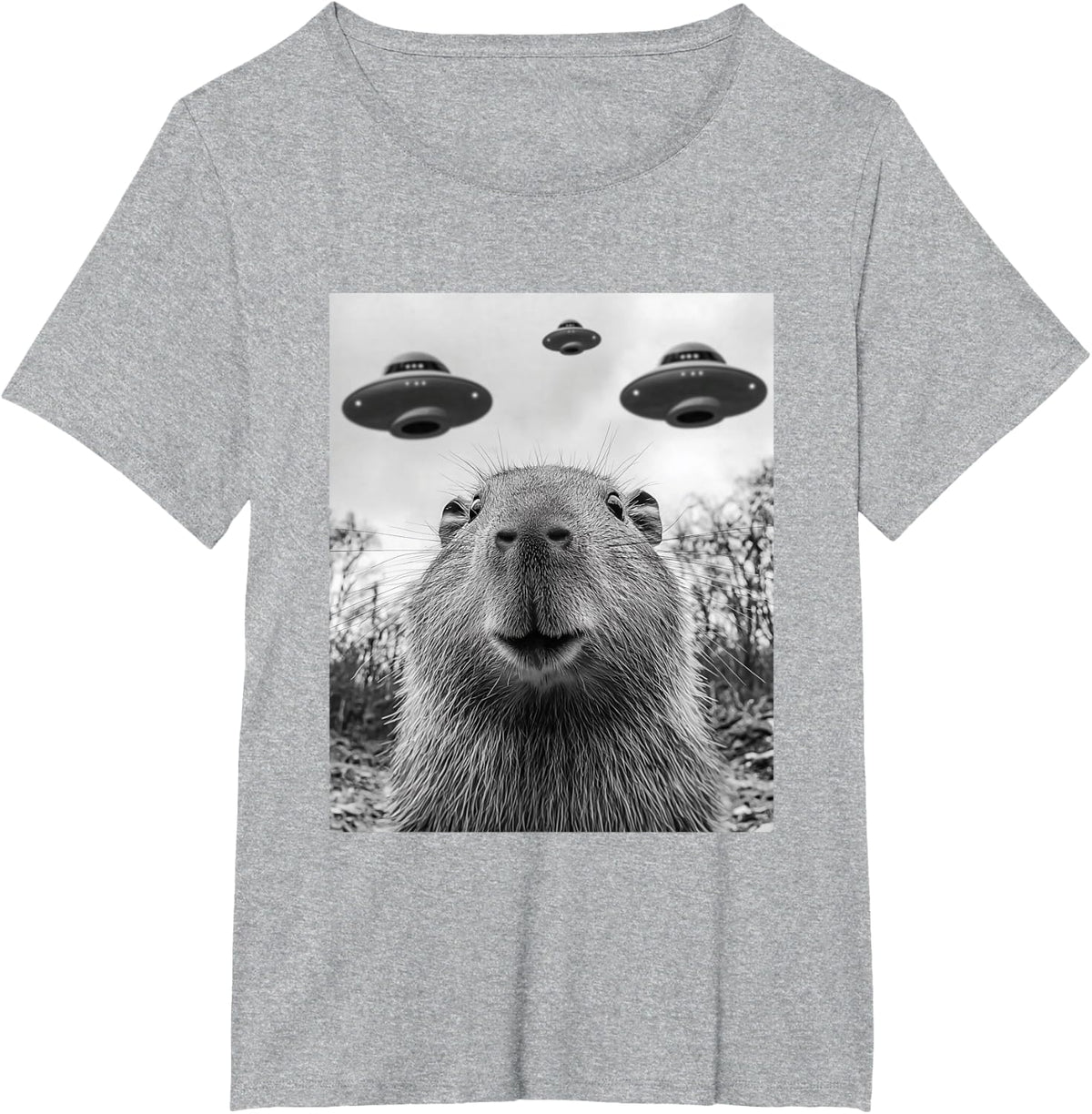 Capybara Selfie With UFOs Funny Graphic Tee Shirt For Kids Boys Girls Men Women - Heather Grey