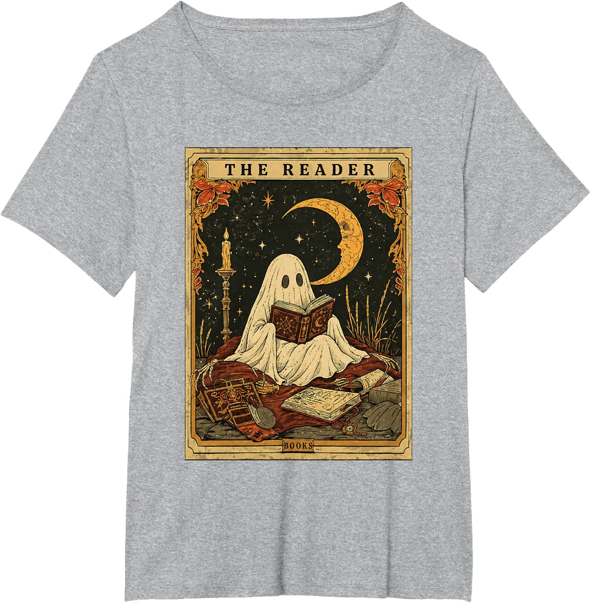 The Reader Ghost Book Lover Gothic Moon Vintage Reading T-Shirt - Heather Grey