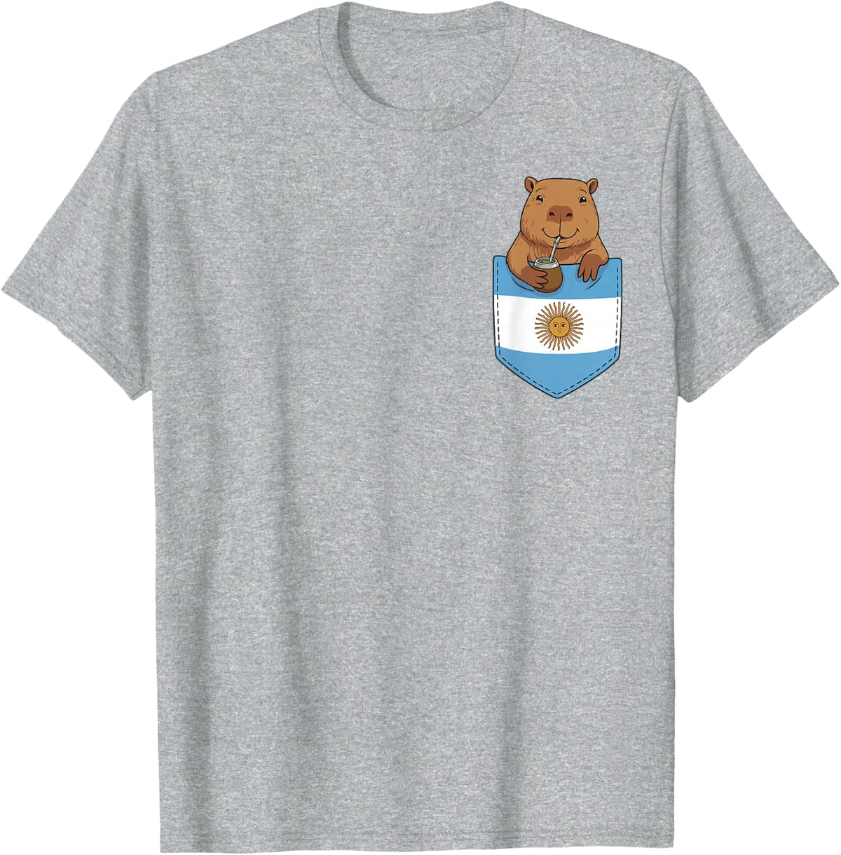 Argentine Capybara Yerba Mate Funny Pocket Argentina Flag T-Shirt Tee - Heather Grey
