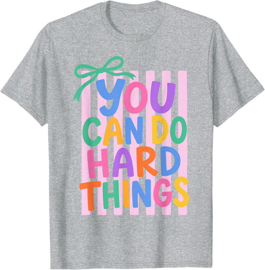 Striped You Can Do Hard Things Motivational Teacher T-Shirt - Heather Grey