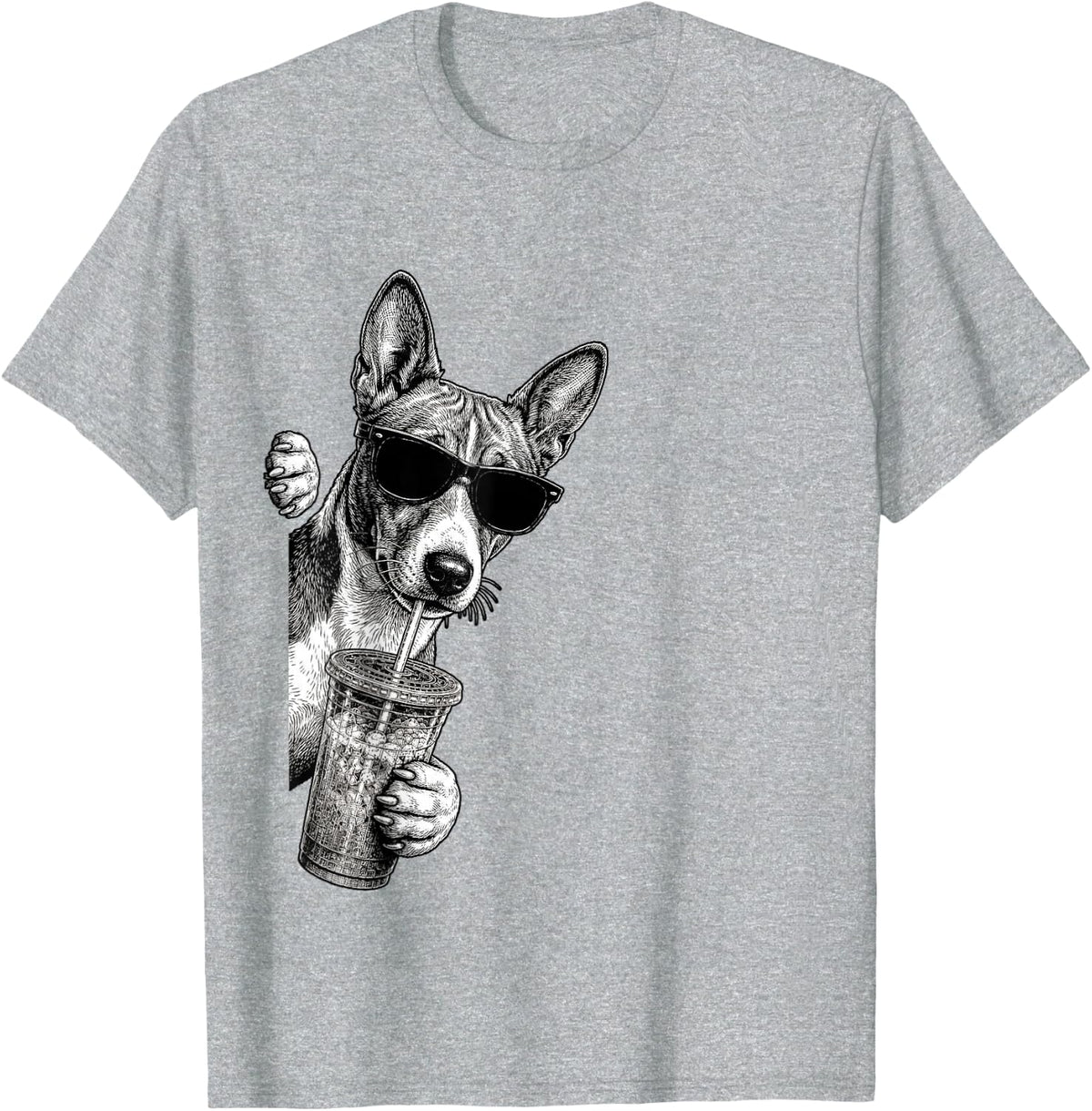 Basenji Dog Peeking Drinking Iced Coffee Humor T-Shirt - Heather Grey
