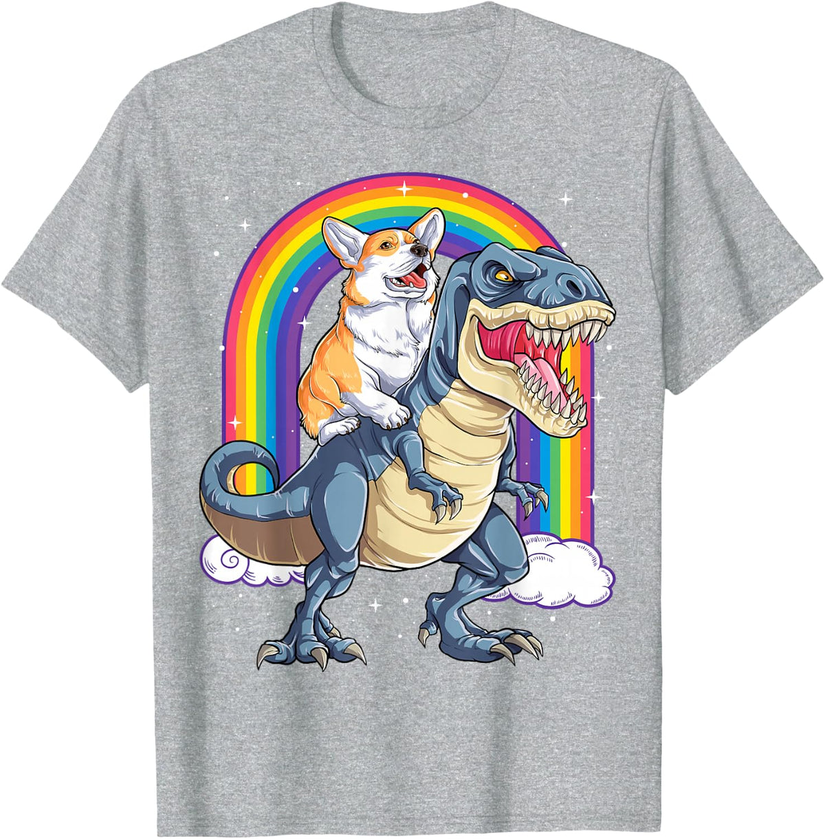 Corgi Riding Dinosaur T-rex Gifts Men Women Rainbow Funny T-Shirt - Heather Grey