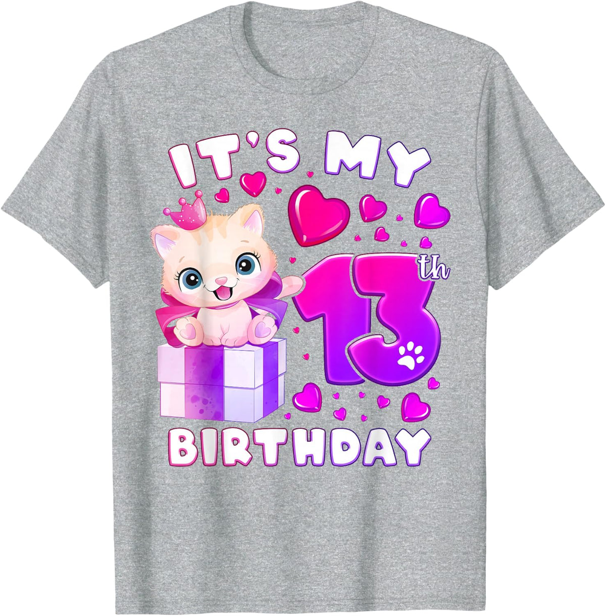 13th Birthday, Girl 13 Year, Cat, Number 13 T-Shirt - Heather Grey