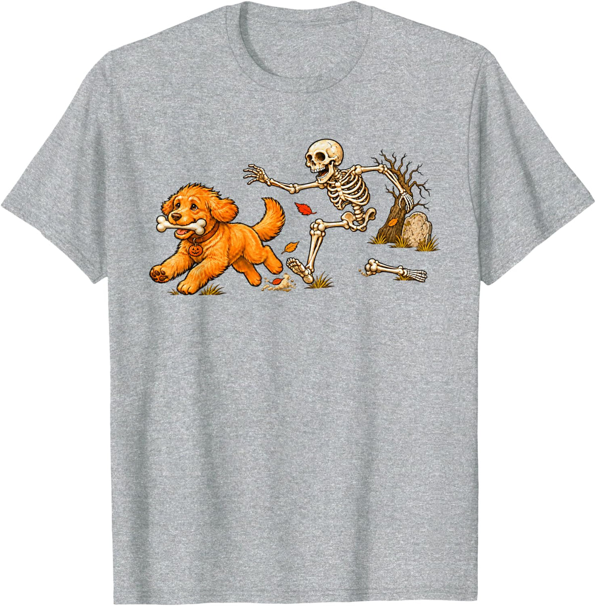 Goldendoodle Dog Stealing Bone from Skeleton Halloween T-Shirt - Heather Grey
