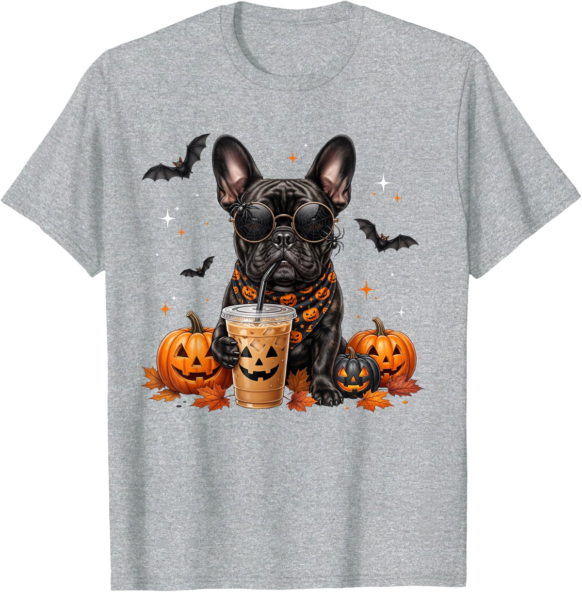 Halloween French Bulldog Drinking Coffee Slush T-Shirt - Heather Grey