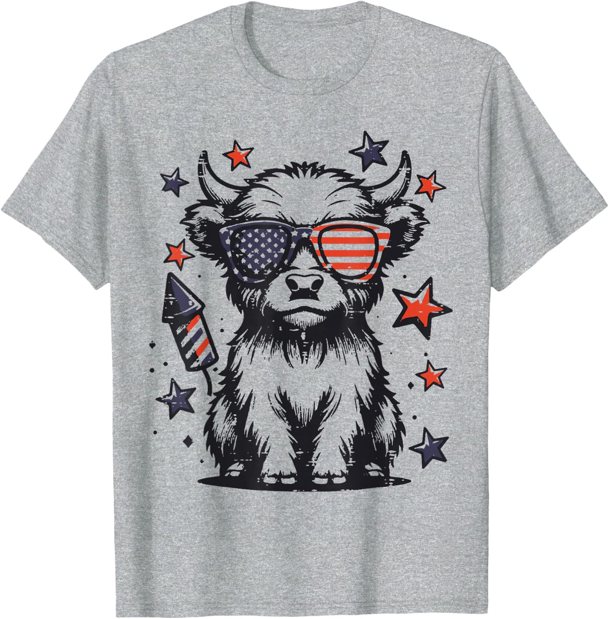 4th of July Highland Cow Cute American Farm Boys Girls Kids T-Shirt - Heather Grey
