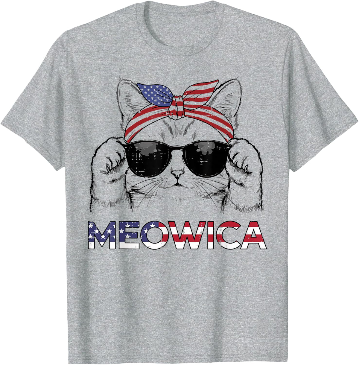 4th of July Cat Meowica USA Bandana Patriot Girls Kids Women T-Shirt - Heather Grey