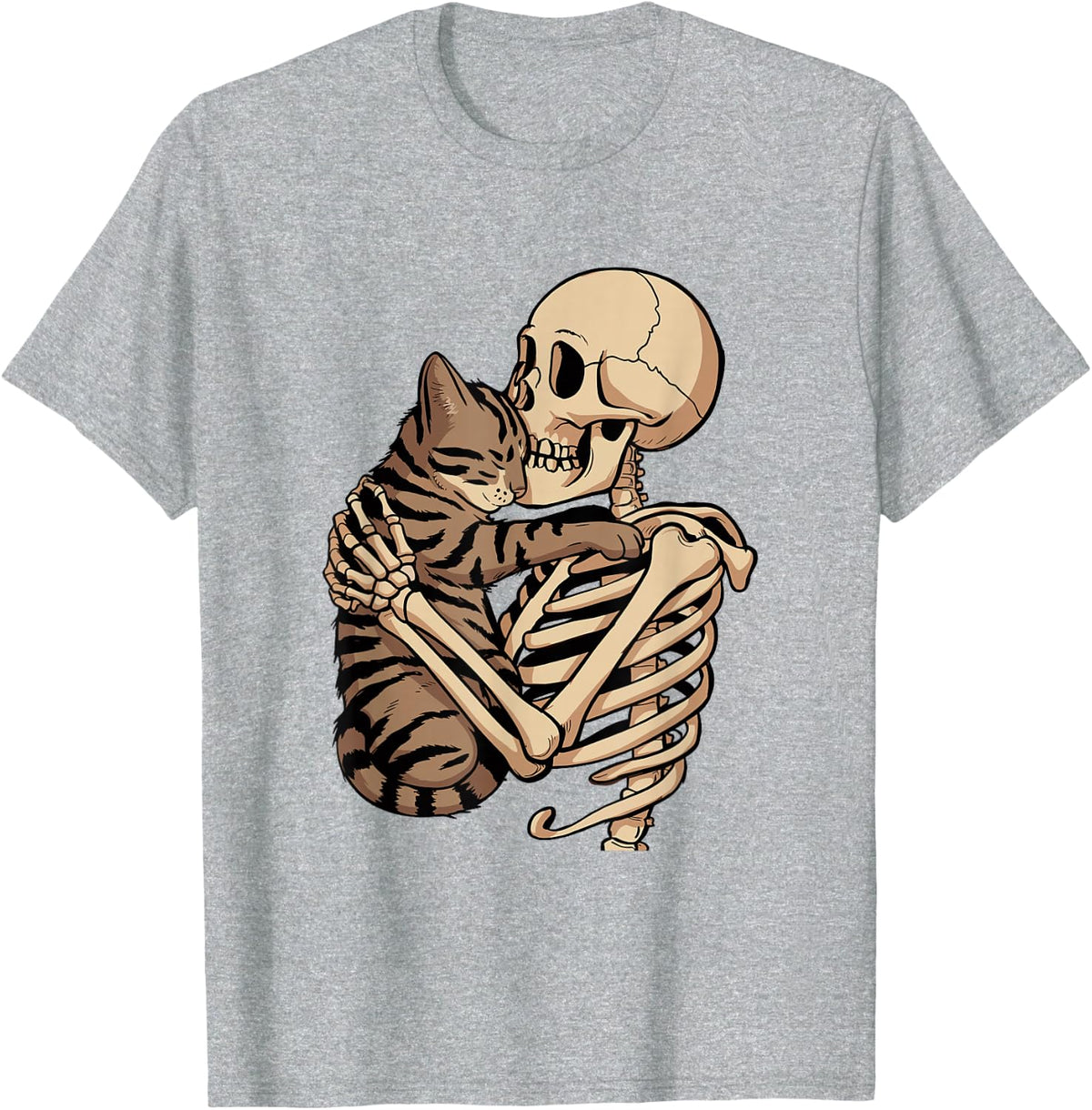 Skeleton Hugging Pet Cat Lovely Halloween Cat Fashion T-Shirt - Heather Grey