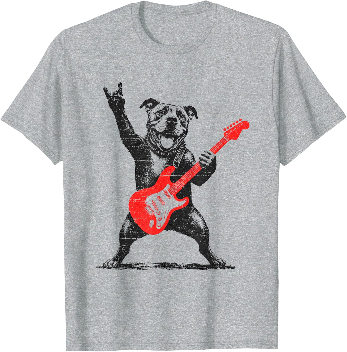 Funny Pitbull Rock Playing Guitar Music Lover Men Women T-Shirt - Heather Grey