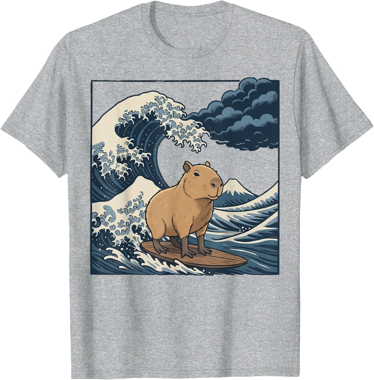 Capybara Surfing Japanese Wave T-Shirt Tee Anime Kawaii Tees - Heather Grey
