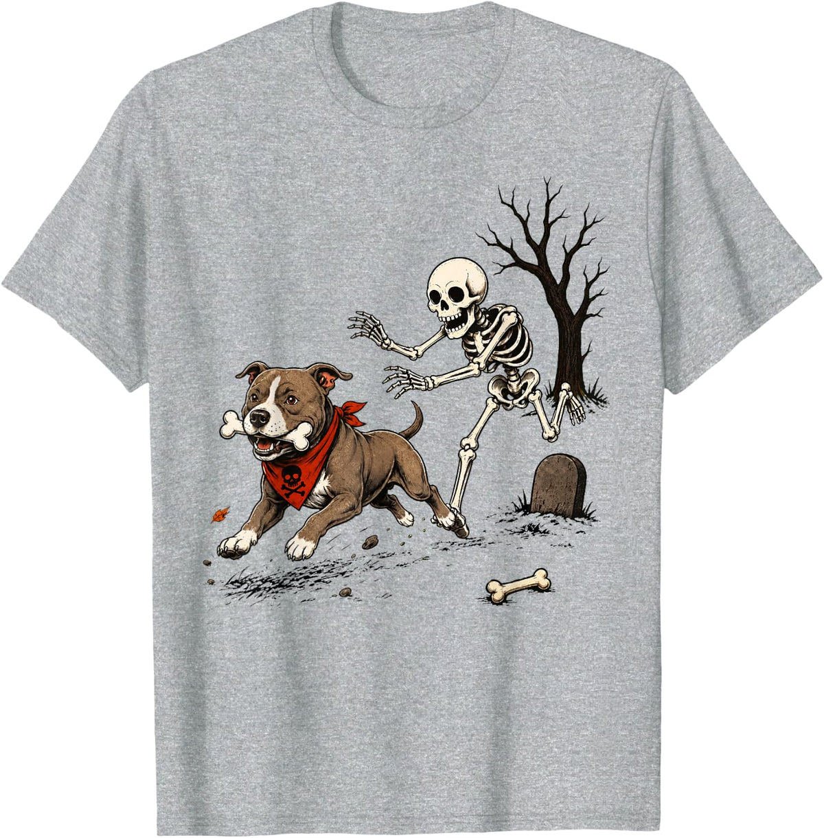 Halloween Pitbull Dog Skeleton Chasing Bone Design T-Shirt - Heather Grey