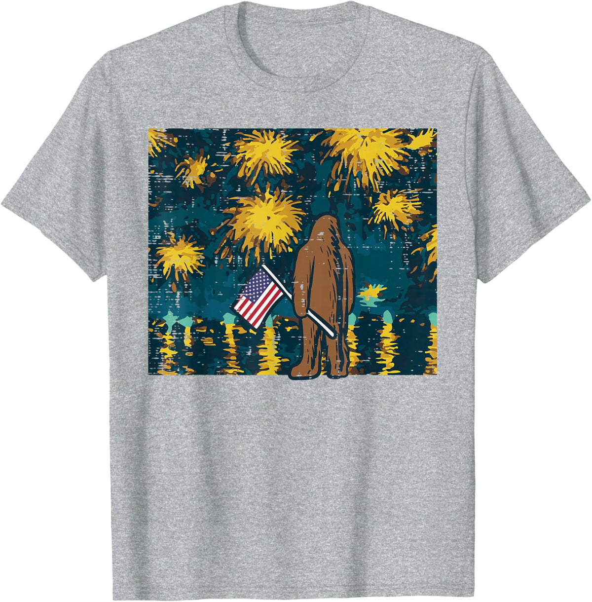 4th July Bigfoot Starry Night Firework Patriot Men Women Kid T-Shirt - Heather Grey