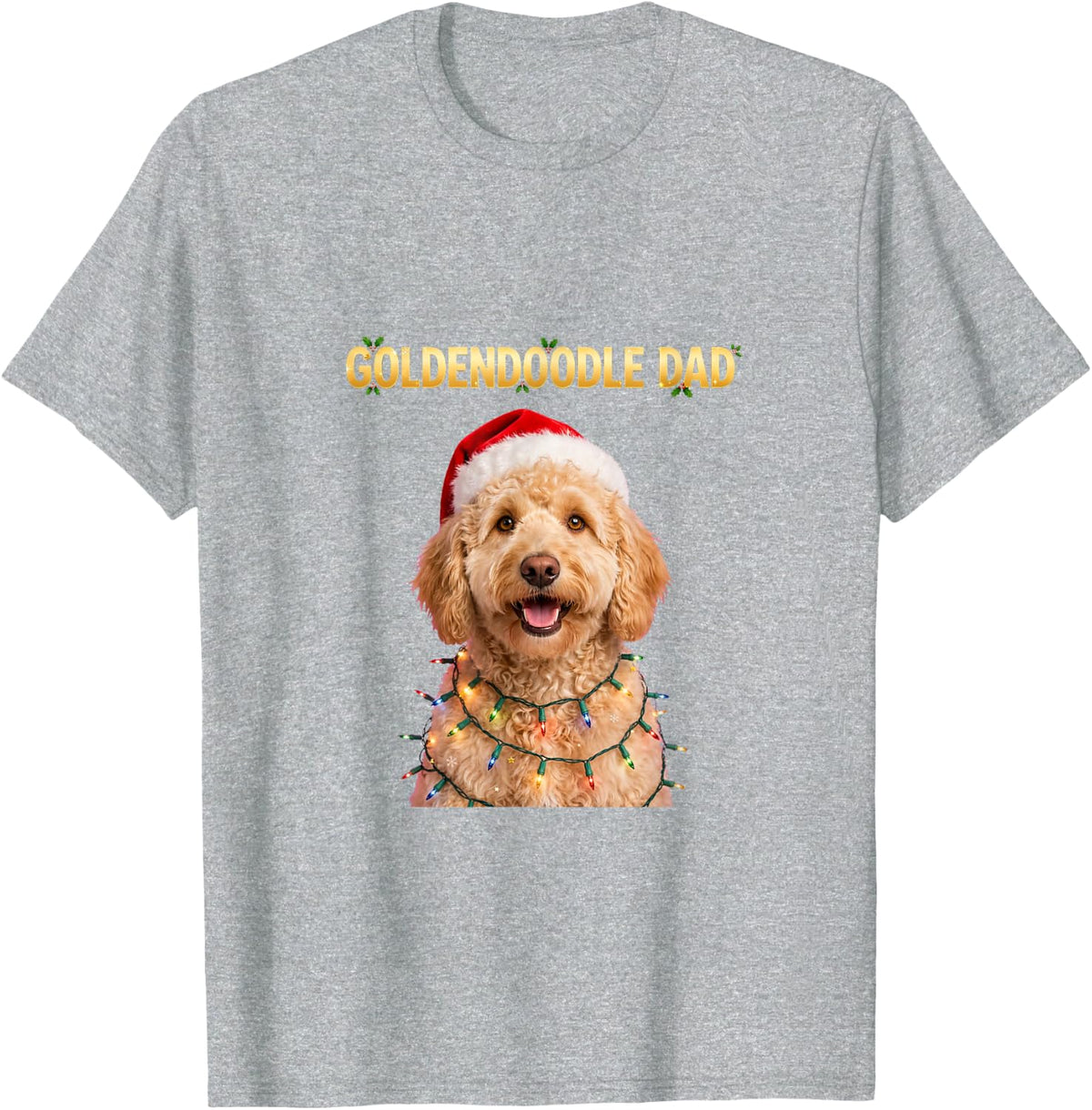 Goldendoodle Dad Christmas Lights Santa Hat Funny Holiday T-Shirt - Heather Grey