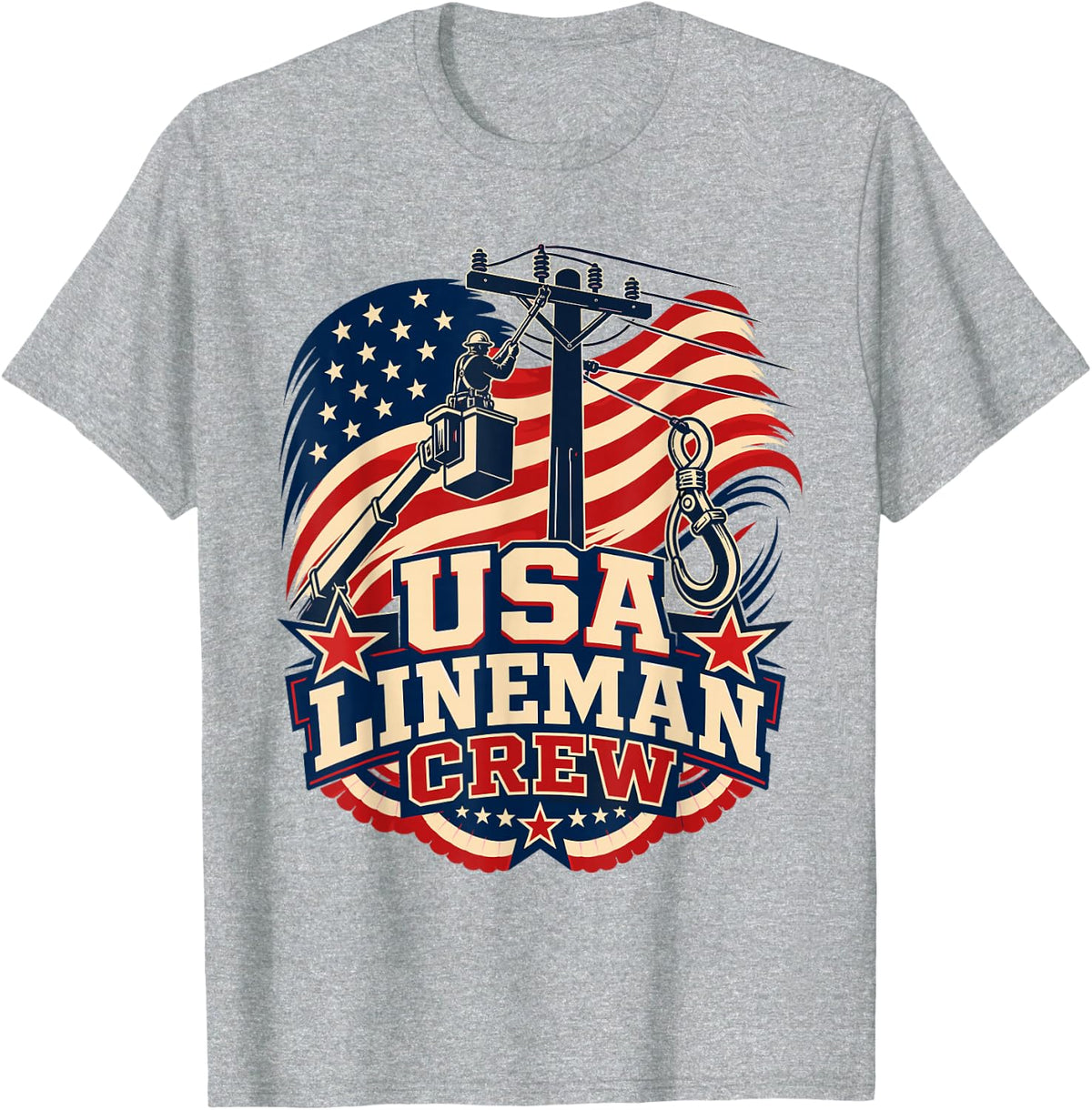 USA Lineman Crew Patriotic T-Shirt - Heather Grey