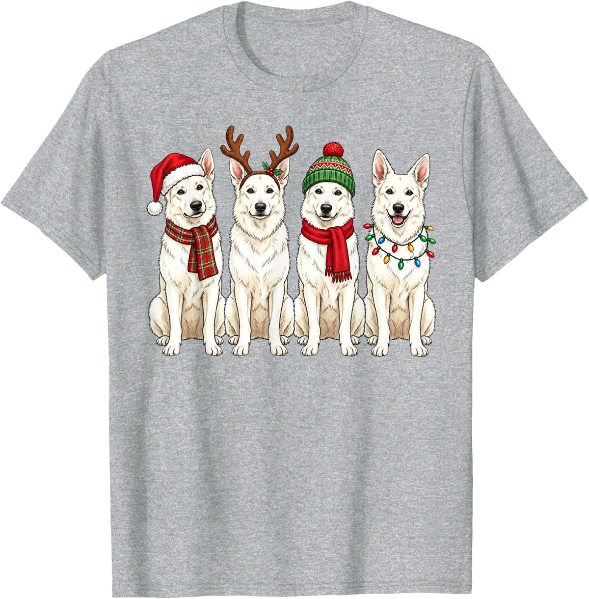 White German Shepherd Christmas Festive Puppies Dog Lovers T-Shirt - Heather Grey