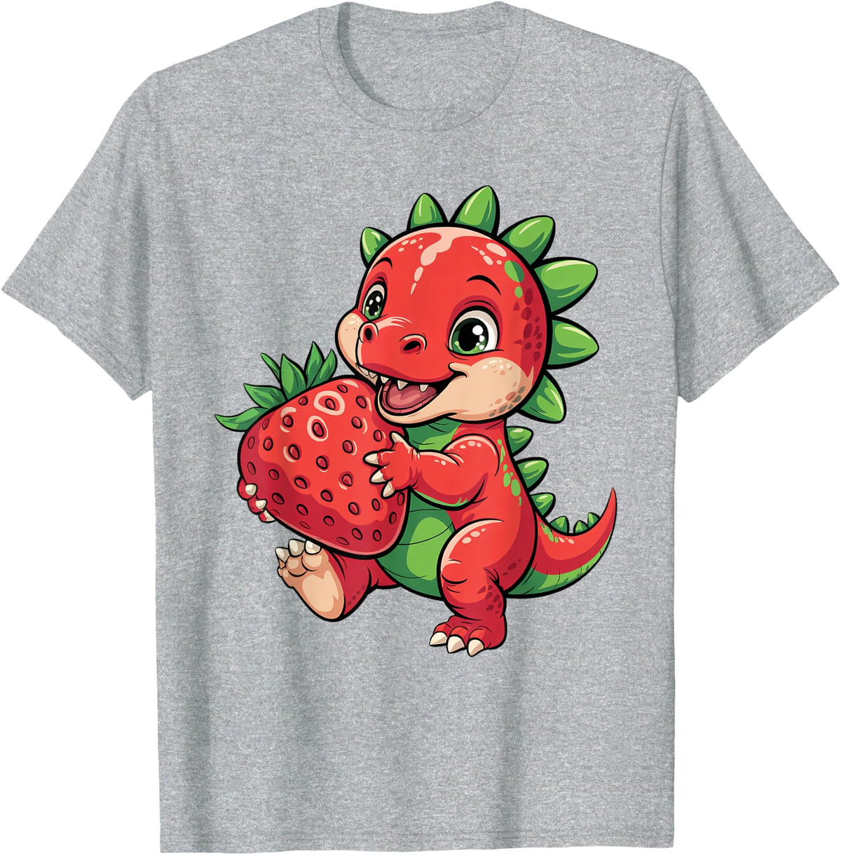 Summer Fruit Lover Dinosaur Hugging Strawberry Toddler Boys T-Shirt - Heather Grey