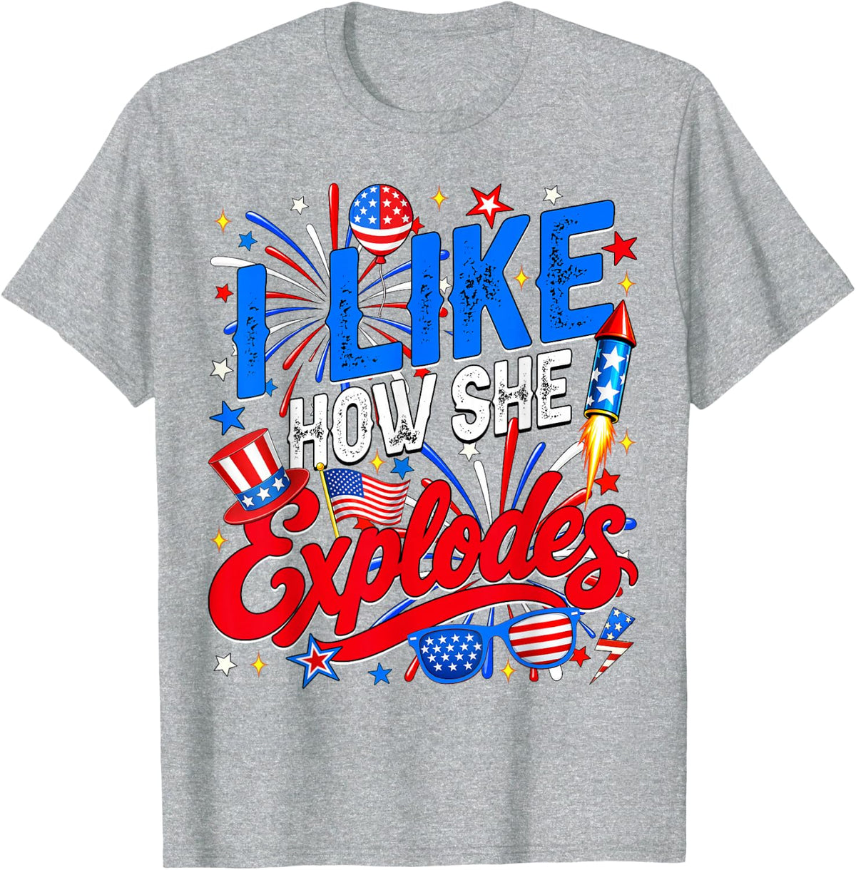 4th of July I Like How She Explodes Couple Matching He Bangs T-Shirt - Heather Grey