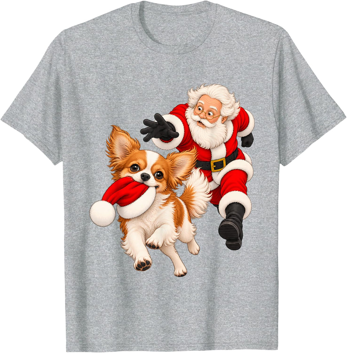 Funny Christmas Chihuahua Running Santa Hat Dog T-Shirt - Heather Grey
