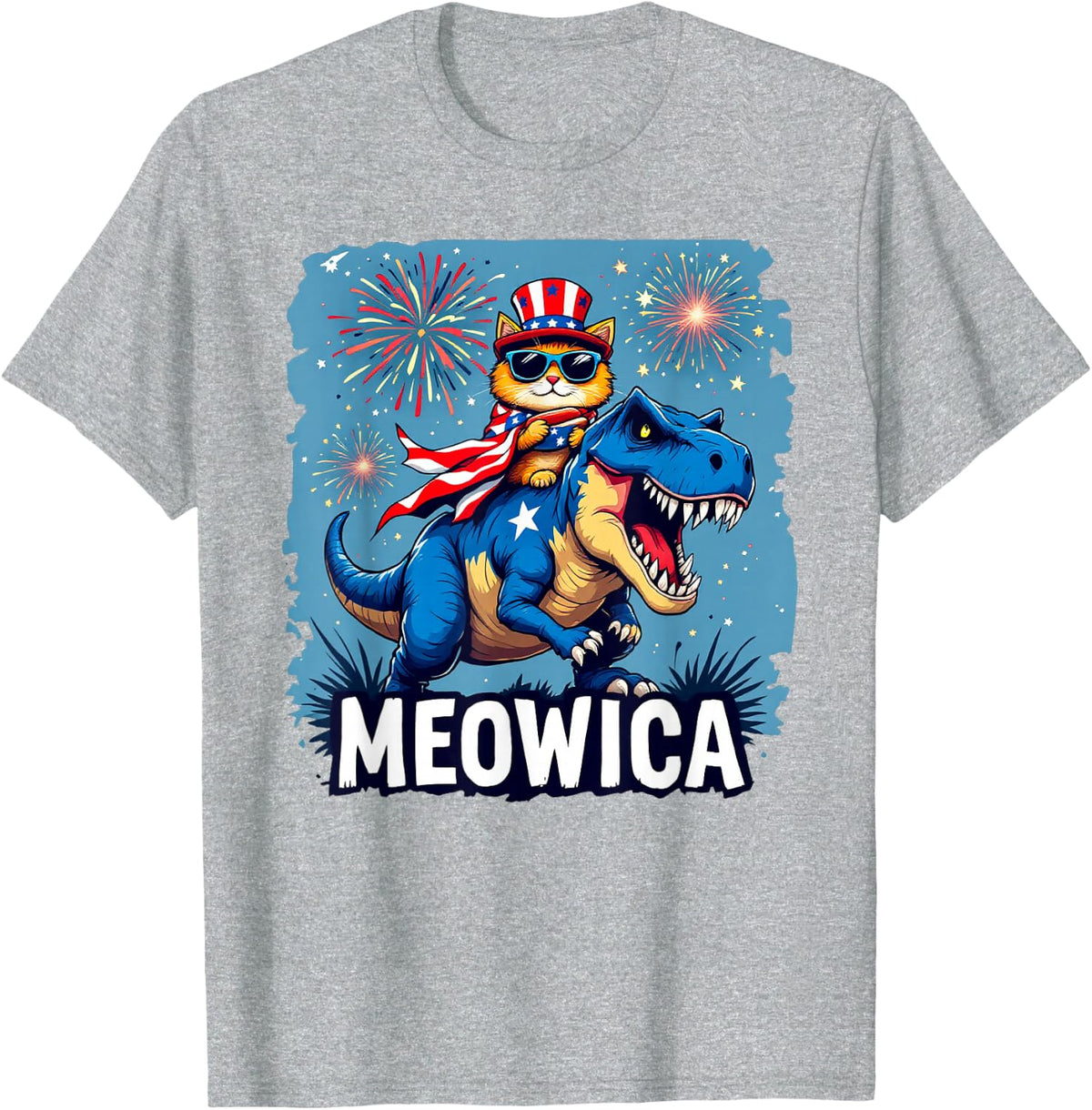 4th of July Meowica Cat Riding Dinosaur USA American Flag T-Shirt - Heather Grey