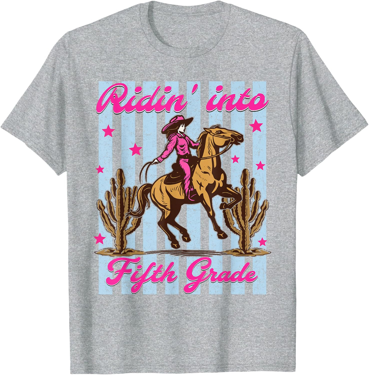 Ridin' Into Fifth Grade Cowgirl Western Back to School Retro T-Shirt Tee for Girls Kids - Heather Grey