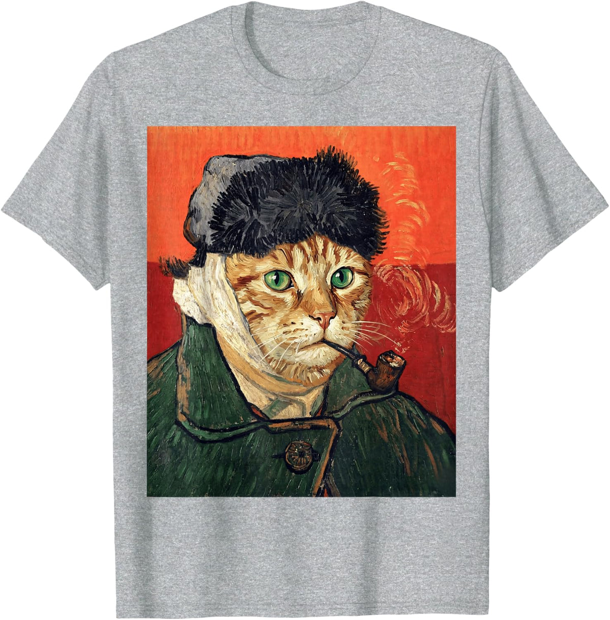 Van Gogh Cat Portrait Tabby with Bandaged Ear Smoking Pipe T-Shirt - Heather Grey