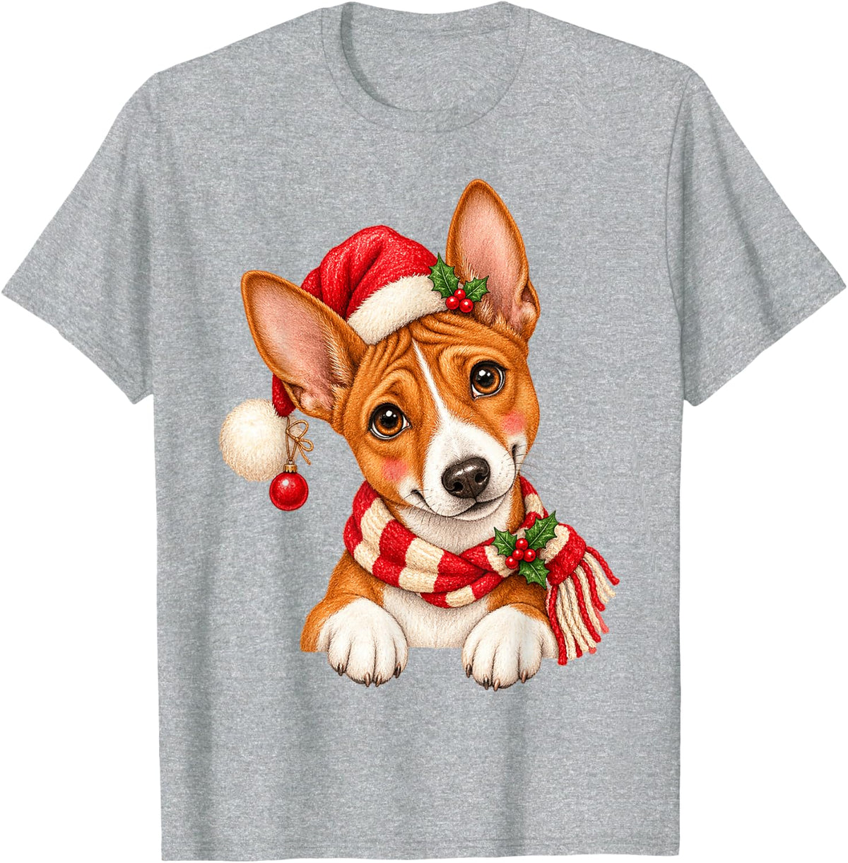 Basenji Dog Christmas Santa Hat Mom Dad T-Shirt - Heather Grey