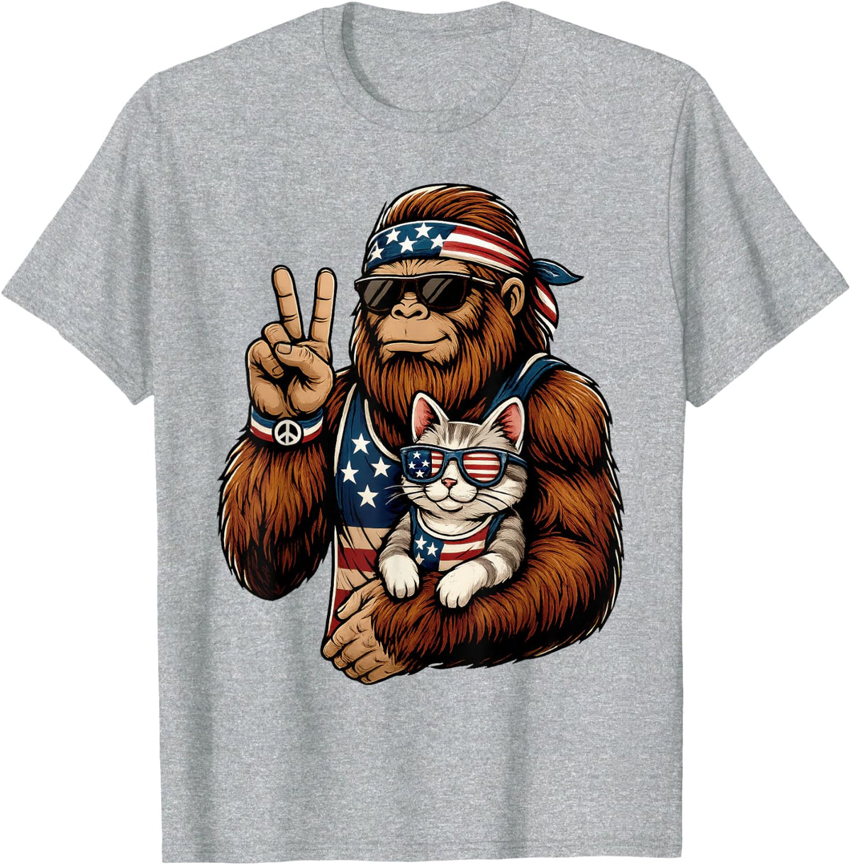 4th of July Bigfoot Cat American Flag T-Shirt Tees Men Women Sasquatch Peace Sign - Heather Grey