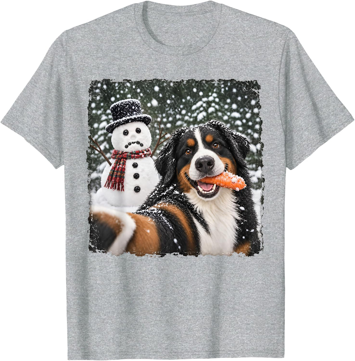Bernese Mountain Dog Stole Snowman Carrot Nose Selfie Xmas T-Shirt - Heather Grey