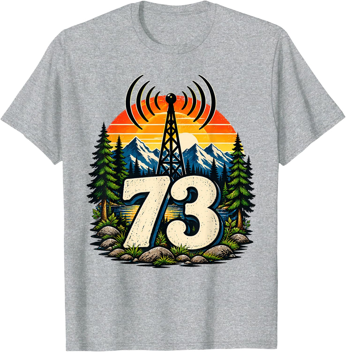 Ham Amateur Radio 73 Operator Retro Mountain Design Vintage T-Shirt - Heather Grey