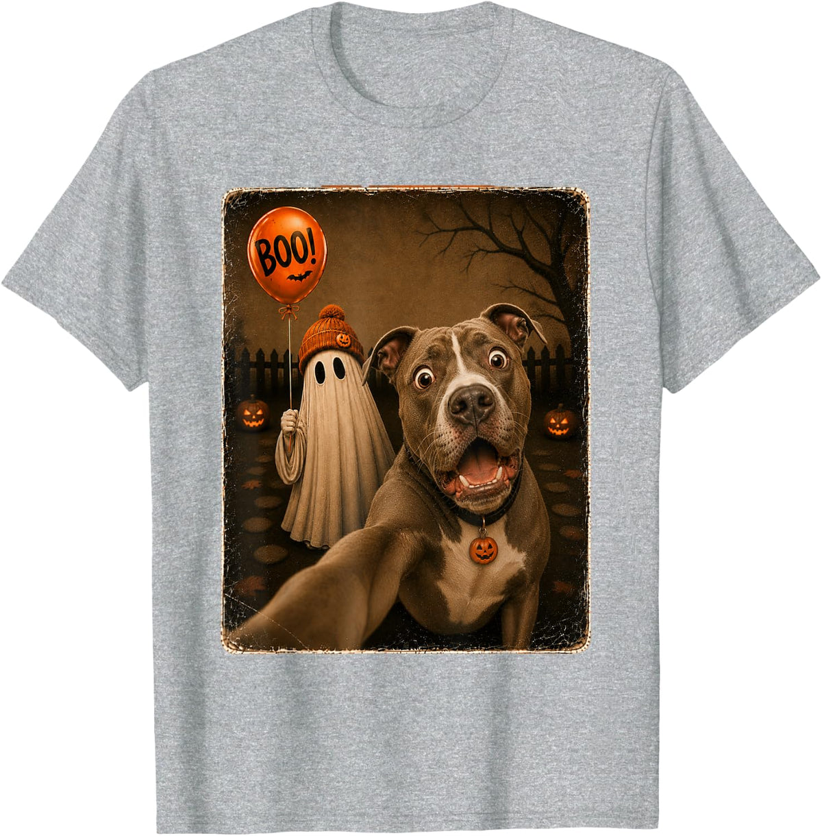 Pit Bull Pitbull Dog Ghost Selfie Funny Halloween Costume T-Shirt - Heather Grey