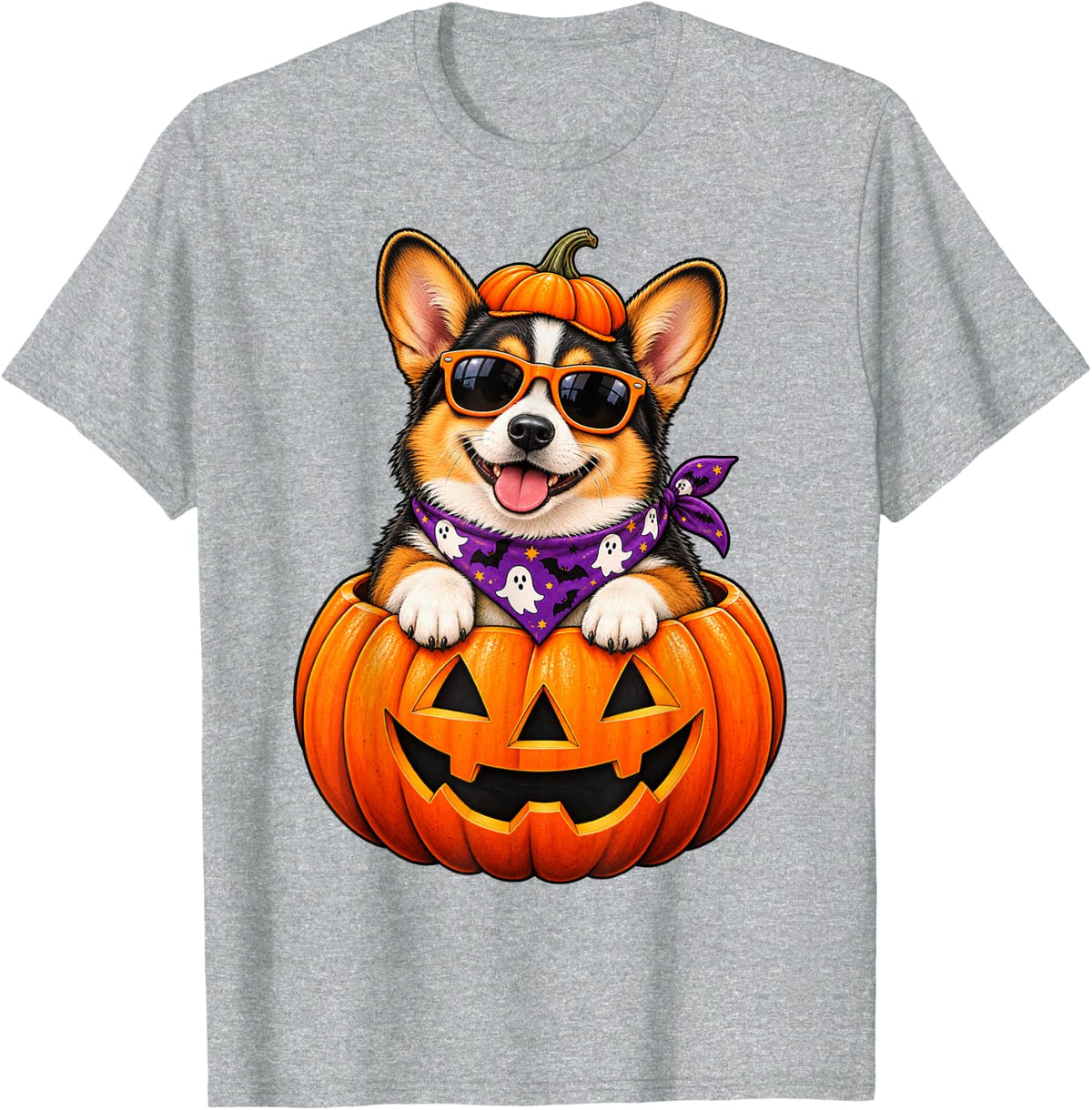 Spooky Tri Color Corgi Pumpkin Halloween Dog Lover Design T-Shirt - Heather Grey