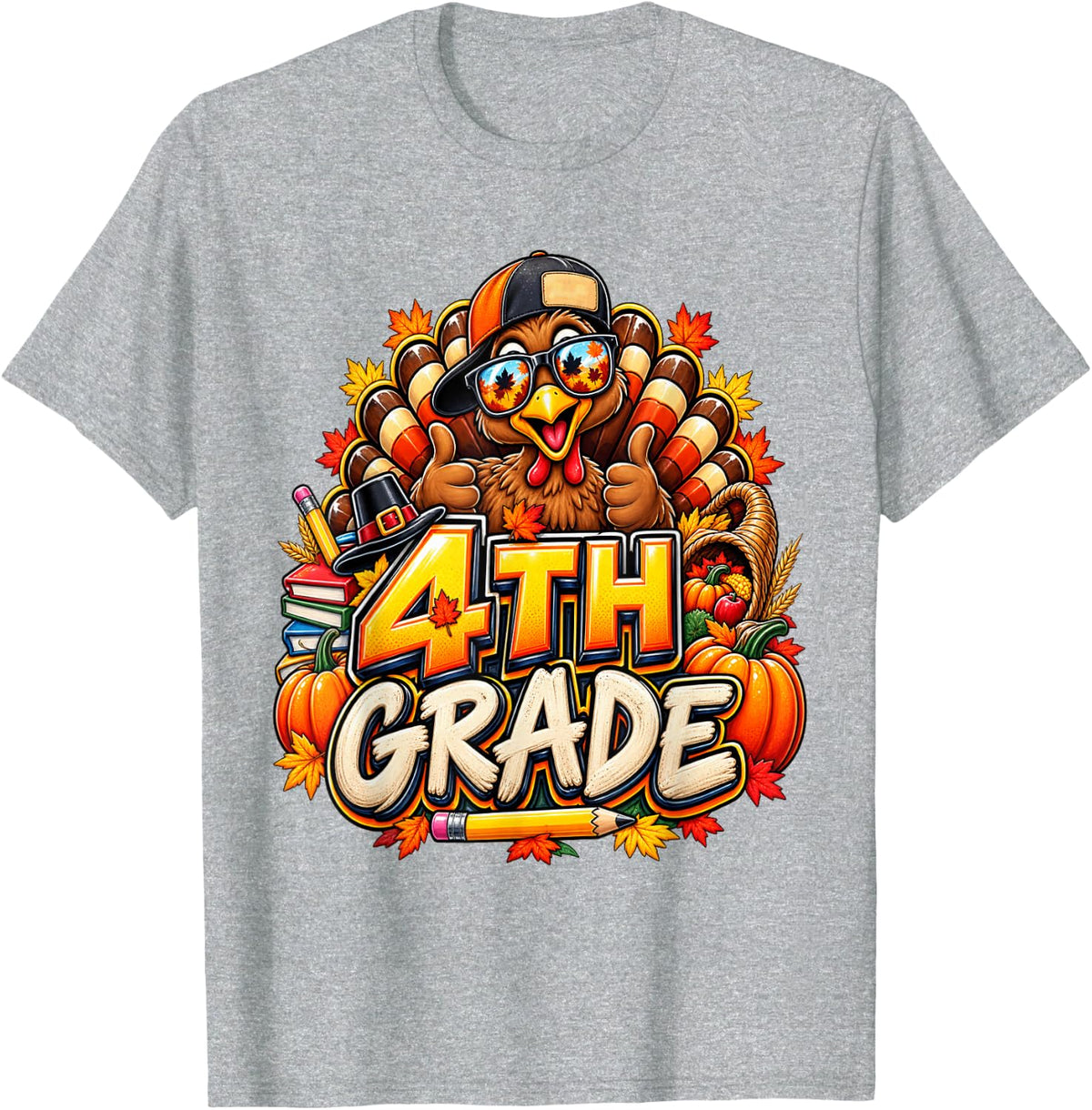 Autumn School Funny Turkey Teacher 4th Grade Thanksgiving T-Shirt - Heather Grey