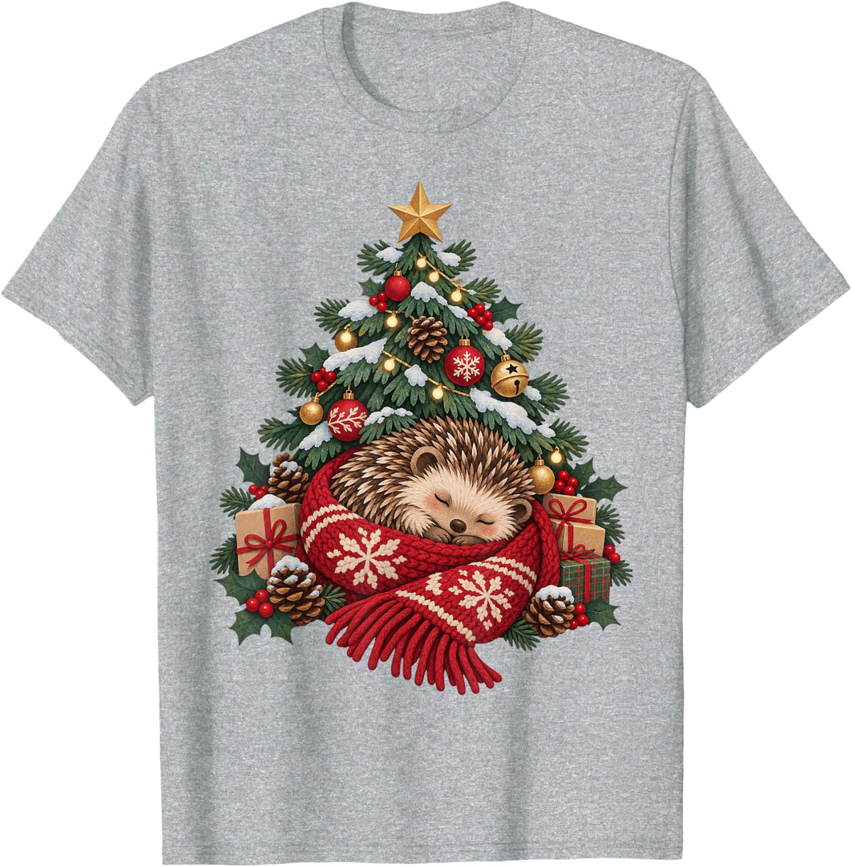 Hedgehog Tree Nap Christmas Animal T-Shirt - Heather Grey