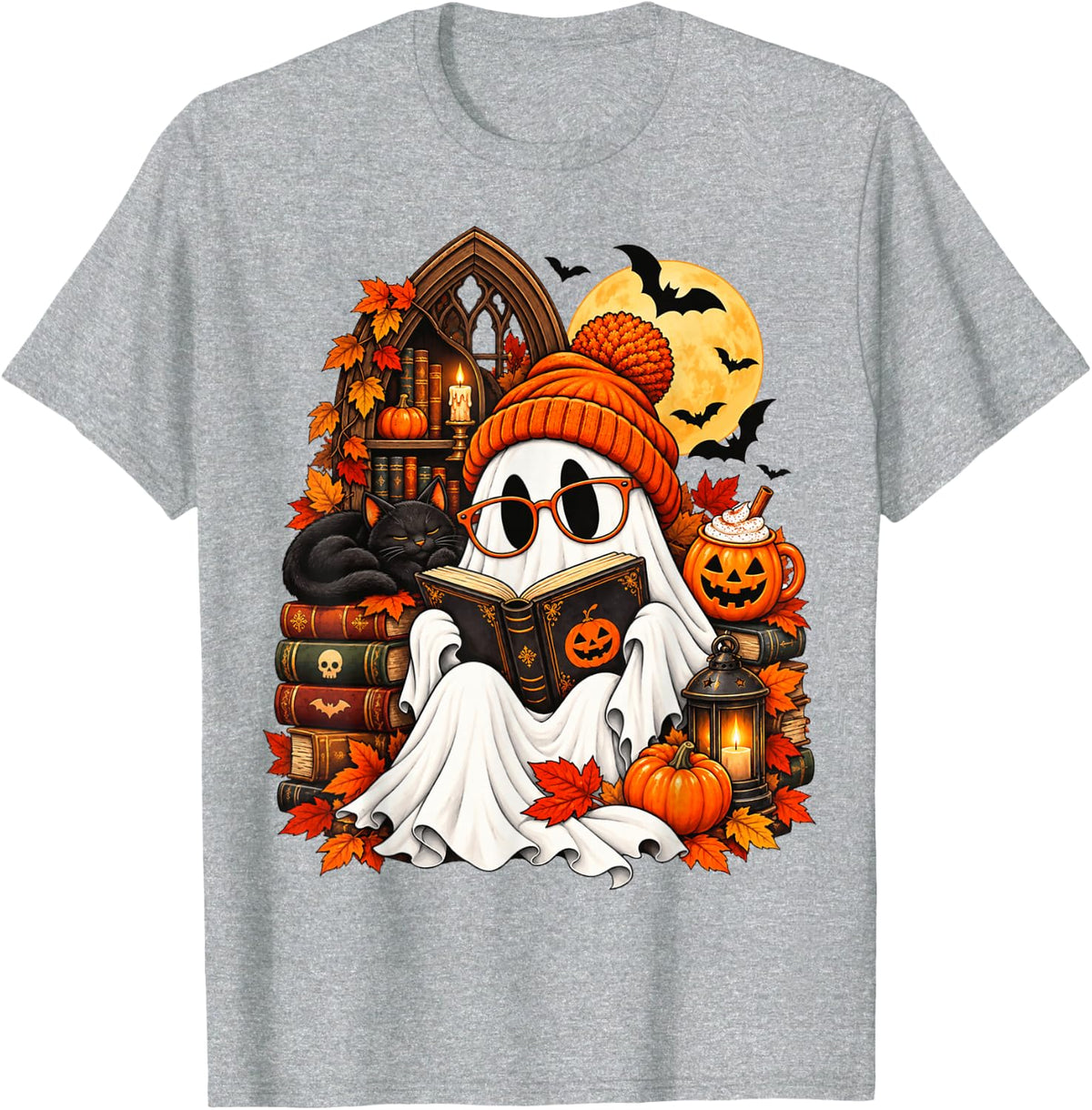 Cute Ghost Reading Books Halloween Book Lover T-Shirt - Heather Grey