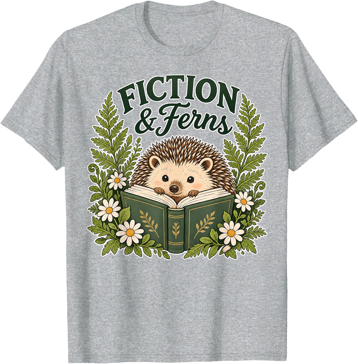 Fiction and Ferns Cute Hedgehog Reading Floral Book Lover T-Shirt - Heather Grey