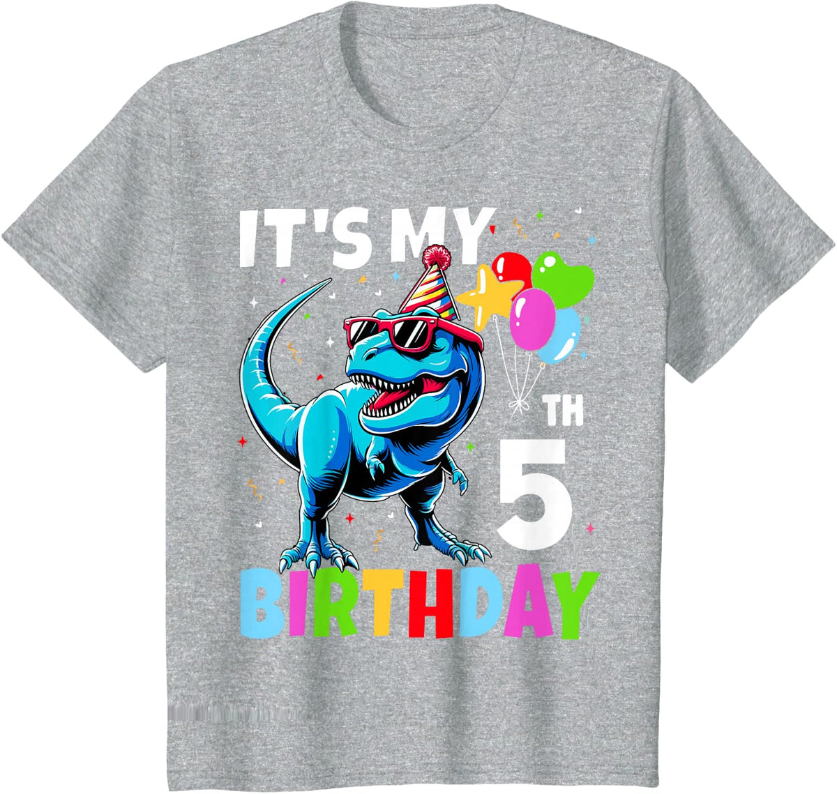 Kids 5th Birthday Shirt Boy 5yr Five 5 Year Old Dinosaur T-Rex T-Shirt - Heather Grey